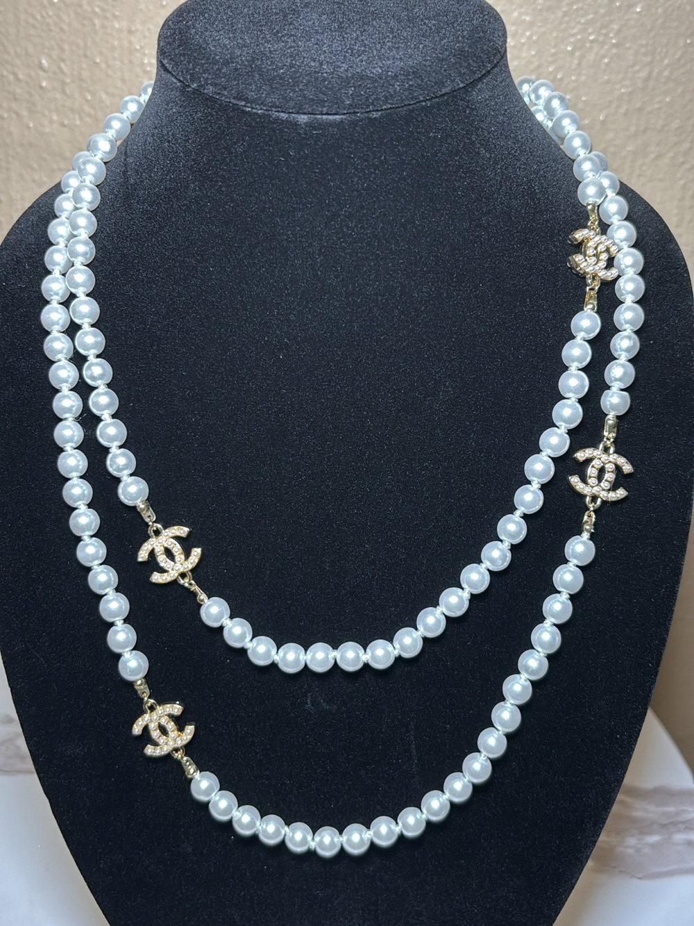 White Pearl Double-Strand Logo Necklace